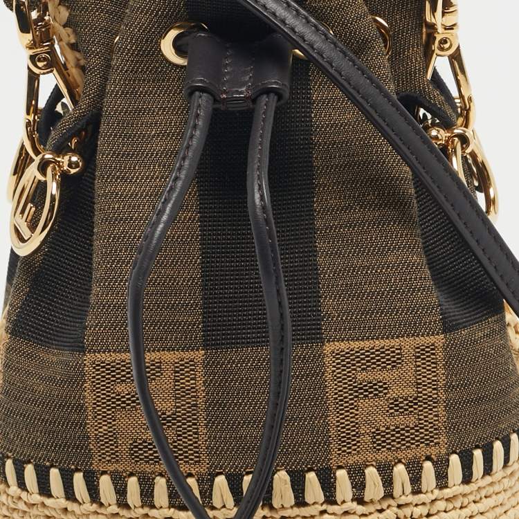 Pre Owned Fendi Tricolor Canvas and Raffia Mini Mon Tresor Drawstring Bucket Bag