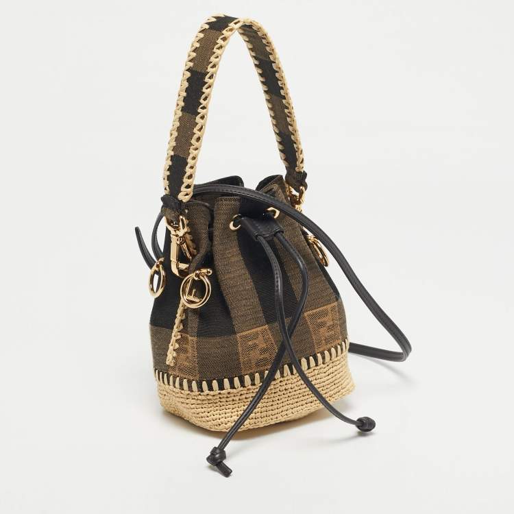 Pre Owned Fendi Tricolor Canvas and Raffia Mini Mon Tresor Drawstring Bucket Bag