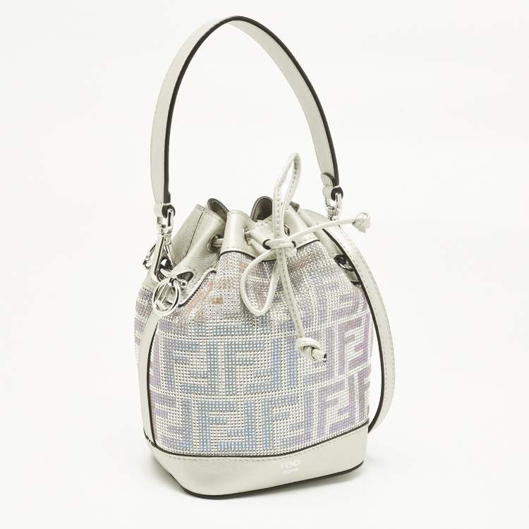 Pre Owned Fendi Grey FF Leather Crystal Mini Mon Tresor Drawstring Bucket Bag
