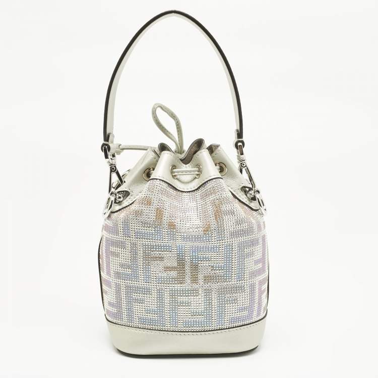 Pre Owned Fendi Grey FF Leather Crystal Mini Mon Tresor Drawstring Bucket Bag