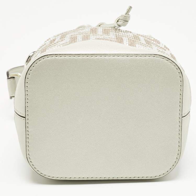 Pre Owned Fendi Grey FF Leather Crystal Mini Mon Tresor Drawstring Bucket Bag