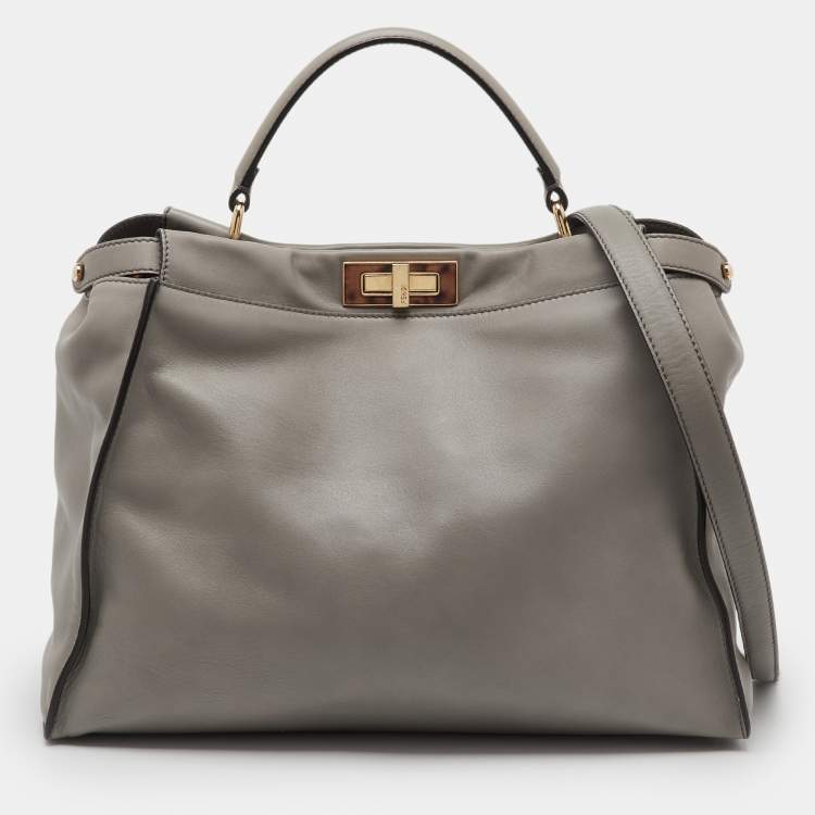 Pre Owned Fendi Grey Leather Large Peekaboo Top Handle Bag