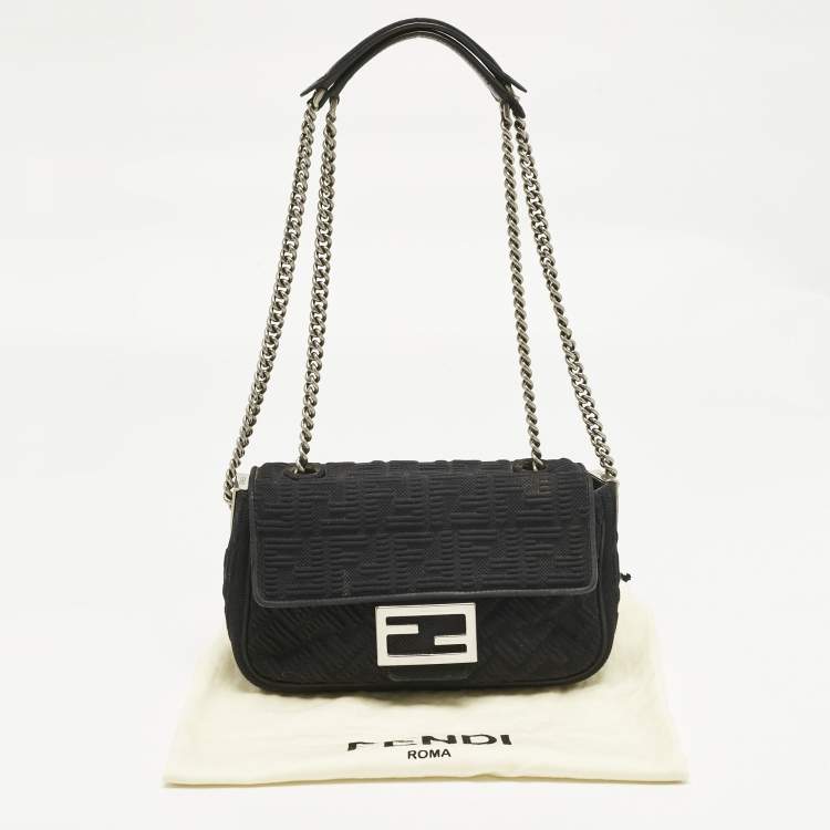 Pre Owned Fendi Black Zucca Embossed Fabric Mini Baguette Chain Crossbody Bag