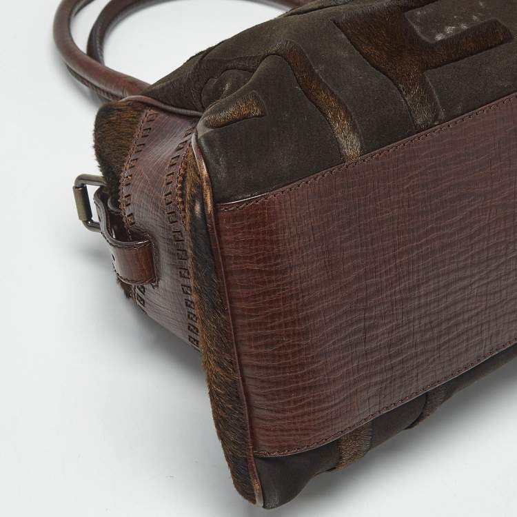 Pre Owned Fendi Dark Brown FF Calf Hair and Leather Medium Du Jour Satchel