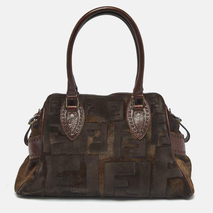 Pre Owned Fendi Dark Brown FF Calf Hair and Leather Medium Du Jour Satchel