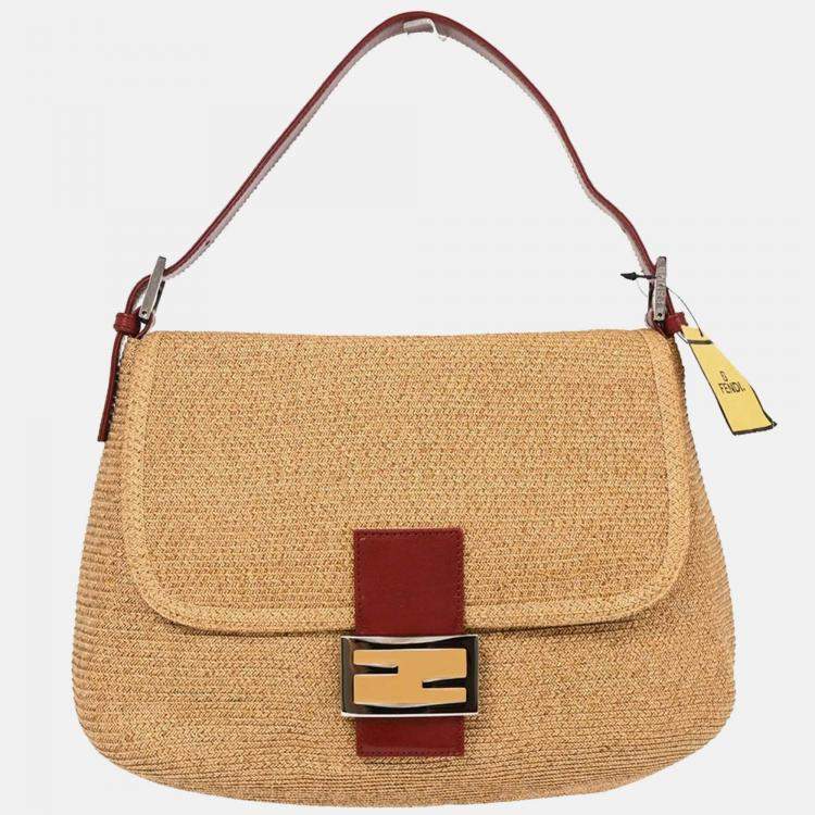 Pre Owned Fendi Beige Straw Mamma Baguette Handbag