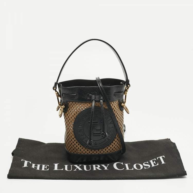 Pre Owned Fendi Black/Brown Perforated Leather Mon Tresor Bucket Bag