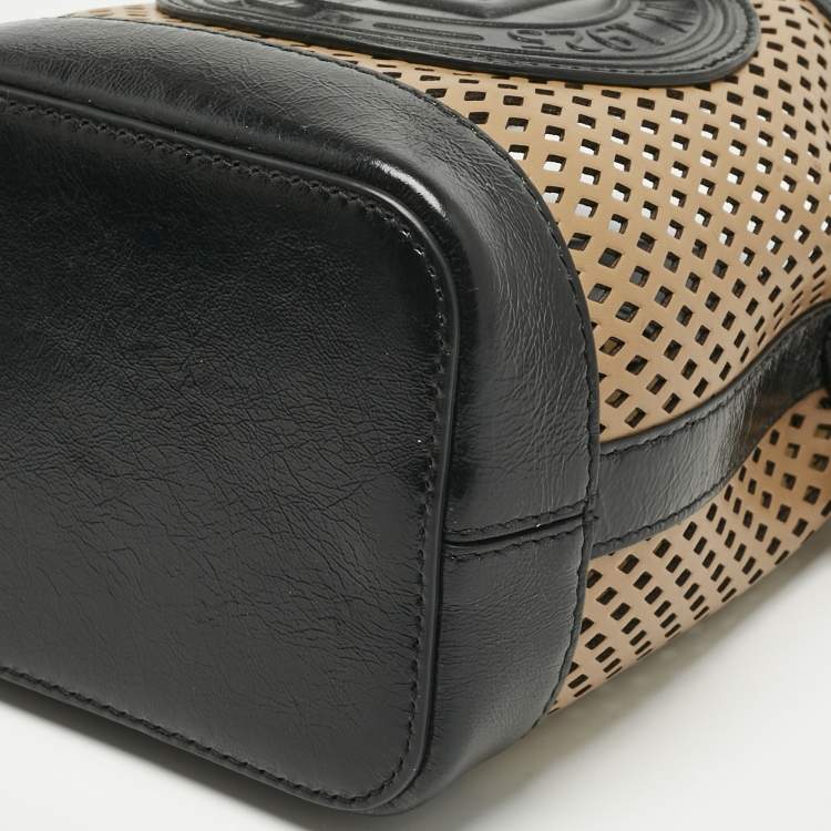 Pre Owned Fendi Black/Brown Perforated Leather Mon Tresor Bucket Bag