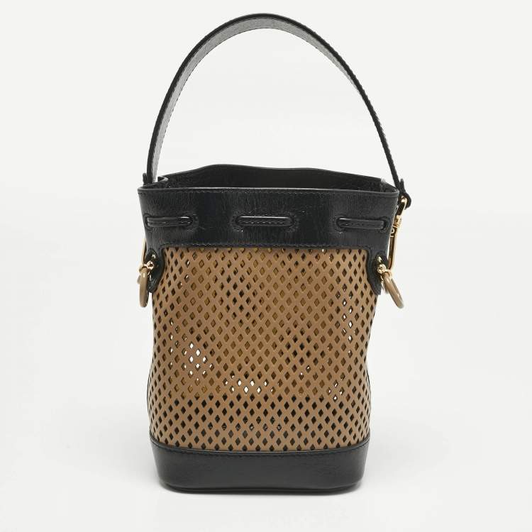 Pre Owned Fendi Black/Brown Perforated Leather Mon Tresor Bucket Bag