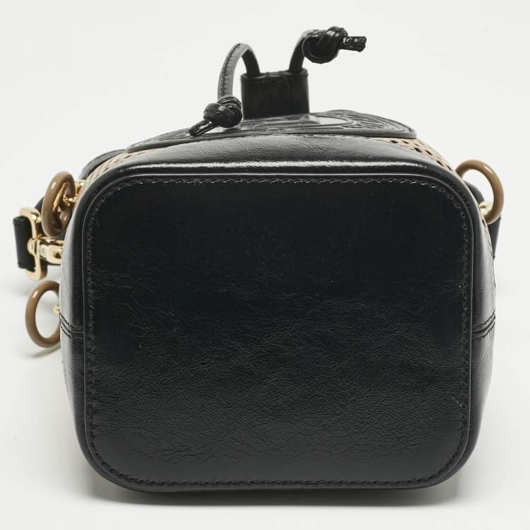 Pre Owned Fendi Black/Brown Perforated Leather Mon Tresor Bucket Bag