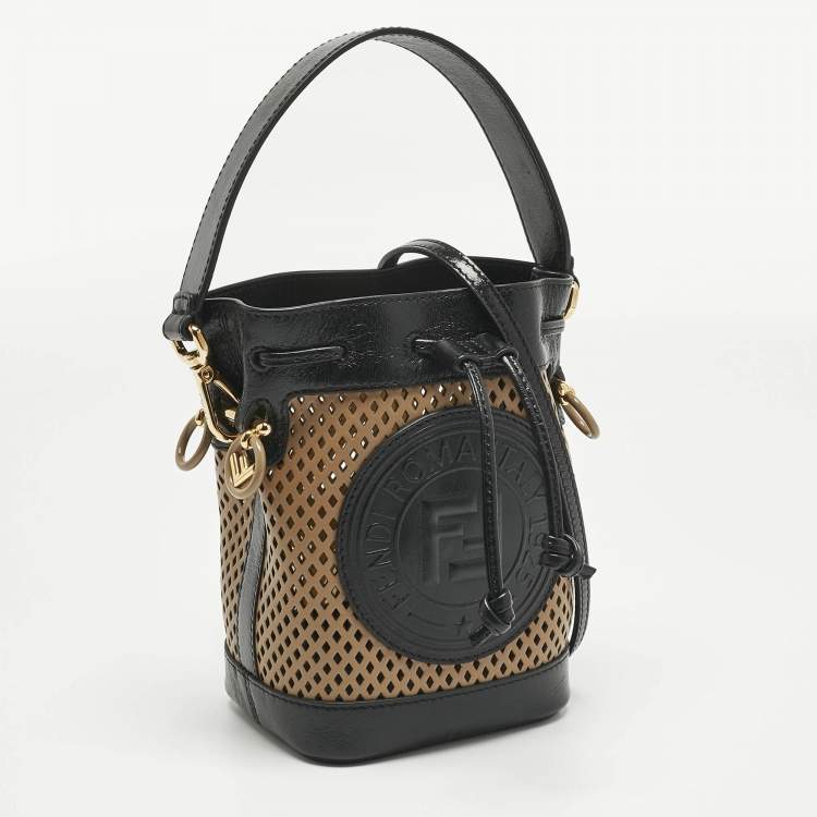 Pre Owned Fendi Black/Brown Perforated Leather Mon Tresor Bucket Bag