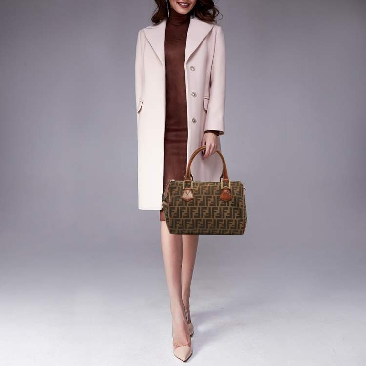 Pre Owned Fendi Tobacco Zucca Canvas and Croc Embossed Leather Forever Bauletto Boston Bag