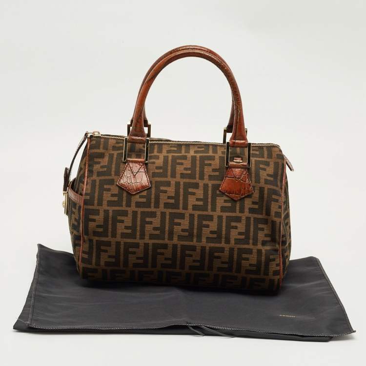 Pre Owned Fendi Tobacco Zucca Canvas and Croc Embossed Leather Forever Bauletto Boston Bag