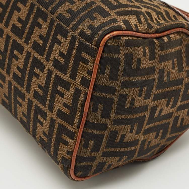 Pre Owned Fendi Tobacco Zucca Canvas and Croc Embossed Leather Forever Bauletto Boston Bag