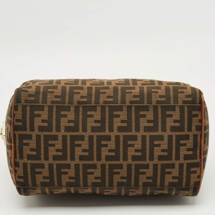 Pre Owned Fendi Tobacco Zucca Canvas and Croc Embossed Leather Forever Bauletto Boston Bag