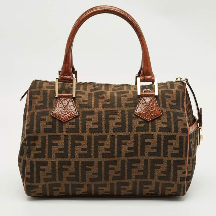 Pre Owned Fendi Tobacco Zucca Canvas and Croc Embossed Leather Forever Bauletto Boston Bag