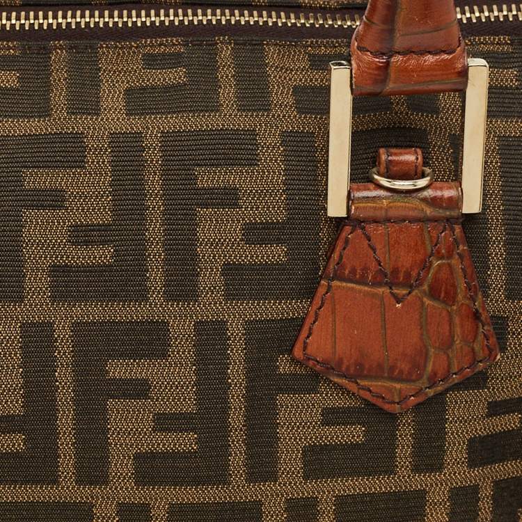 Pre Owned Fendi Tobacco Zucca Canvas and Croc Embossed Leather Forever Bauletto Boston Bag