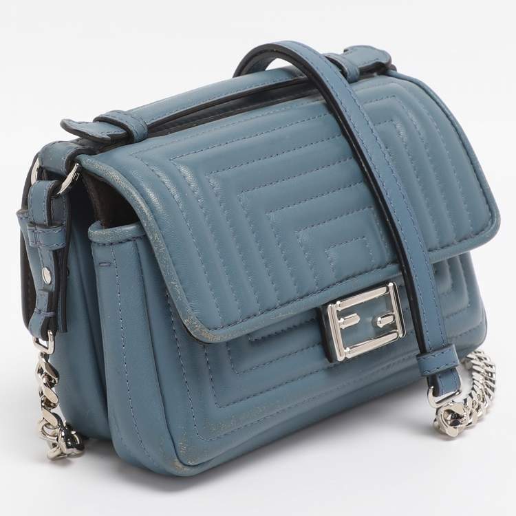 Pre Owned Fendi Light Blue Quilted Leather Micro Double Baguette Bag