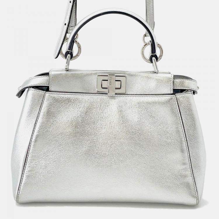 Pre Owned Fendi Peekaboo 2Waybag Silver Leather Size Mini