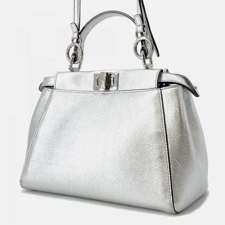 Pre Owned Fendi Peekaboo 2Waybag Silver Leather Size Mini