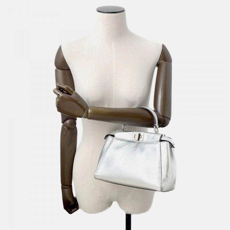 Pre Owned Fendi Peekaboo 2Waybag Silver Leather Size Mini