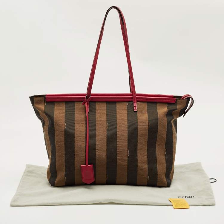 Pre Owned Fendi Tobacco/Magenta Pequin Canvas Medium Roll Shopper Tote