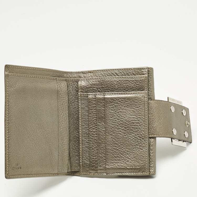 Pre Owned Fendi Metallic Zucca Fabric and Leather French Flap Compact Wallet
