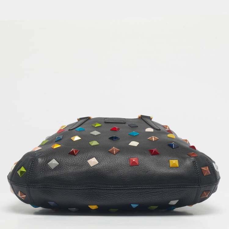 Pre Owned Fendi Black/Multicolor Leather and Fabric Studded B. Fab Drawstring Tote