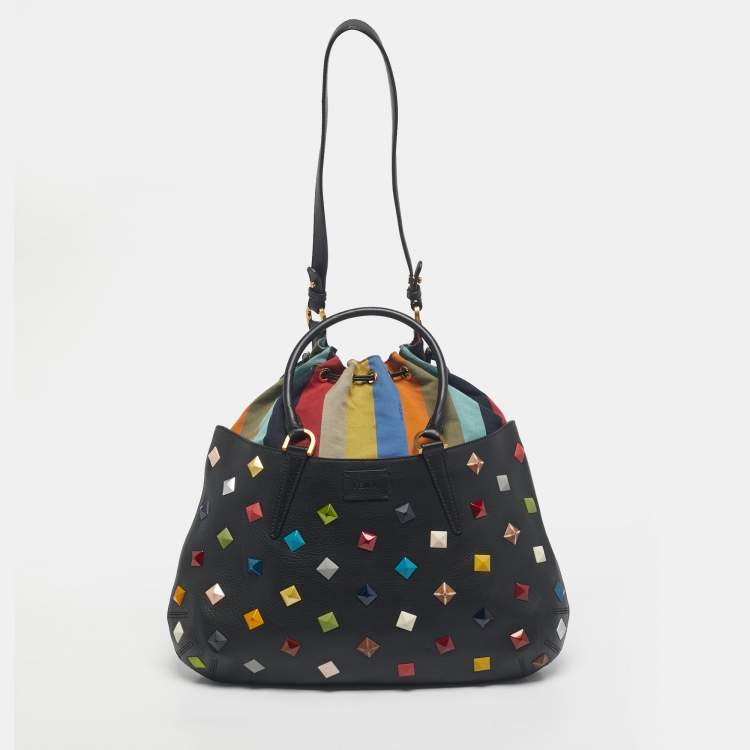 Pre Owned Fendi Black/Multicolor Leather and Fabric Studded B. Fab Drawstring Tote