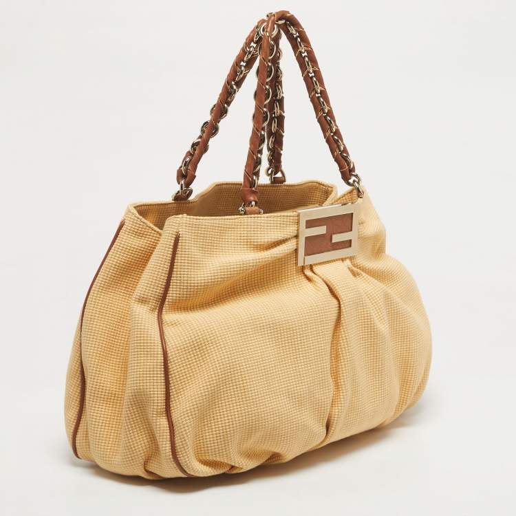 Pre Owned Fendi Brown/Natural Interwoven Raffia Large Mia Shoulder Bag