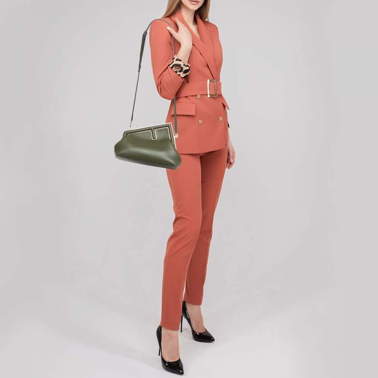 Pre Owned Fendi Olive Green Leather Small Fendi First Clutch Bag