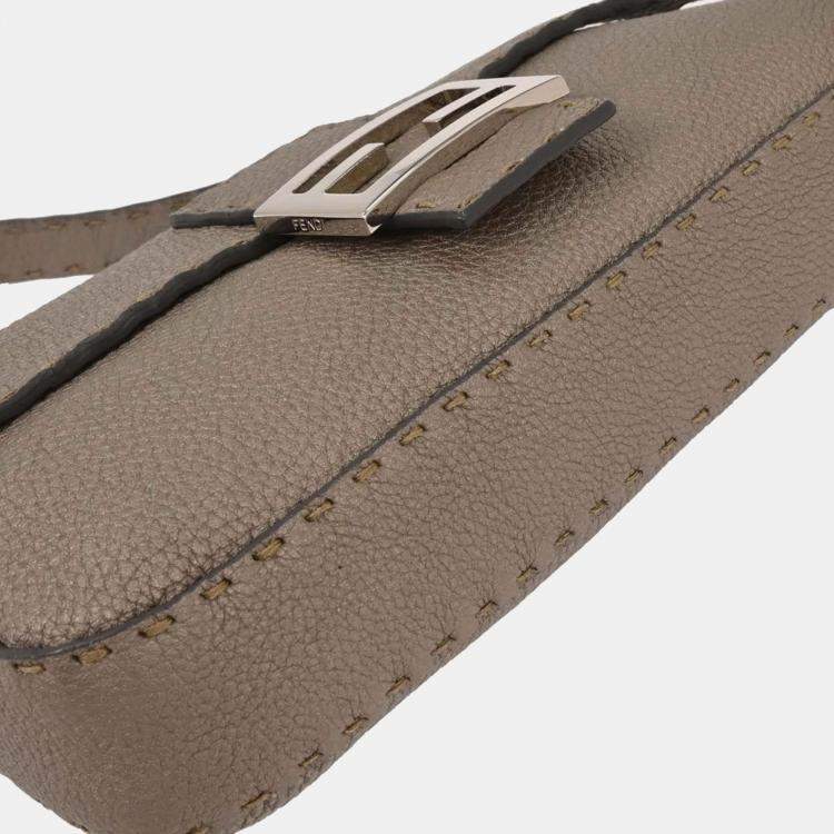 Pre Owned Fendi Gray Leather Stitch Baguette Handbag
