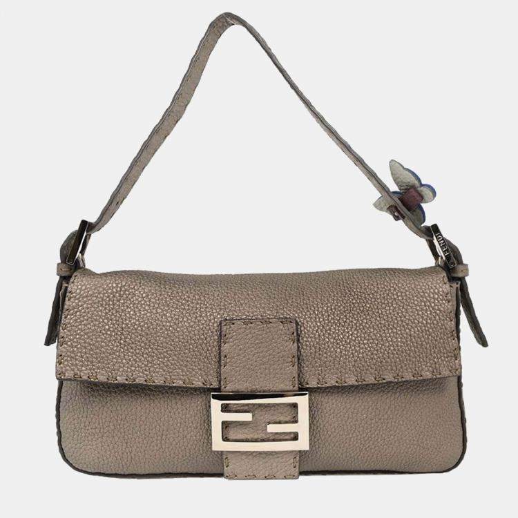 Pre Owned Fendi Gray Leather Stitch Baguette Handbag