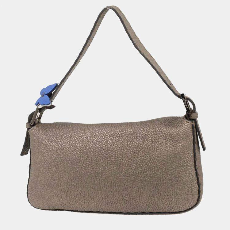 Pre Owned Fendi Gray Leather Stitch Baguette Handbag