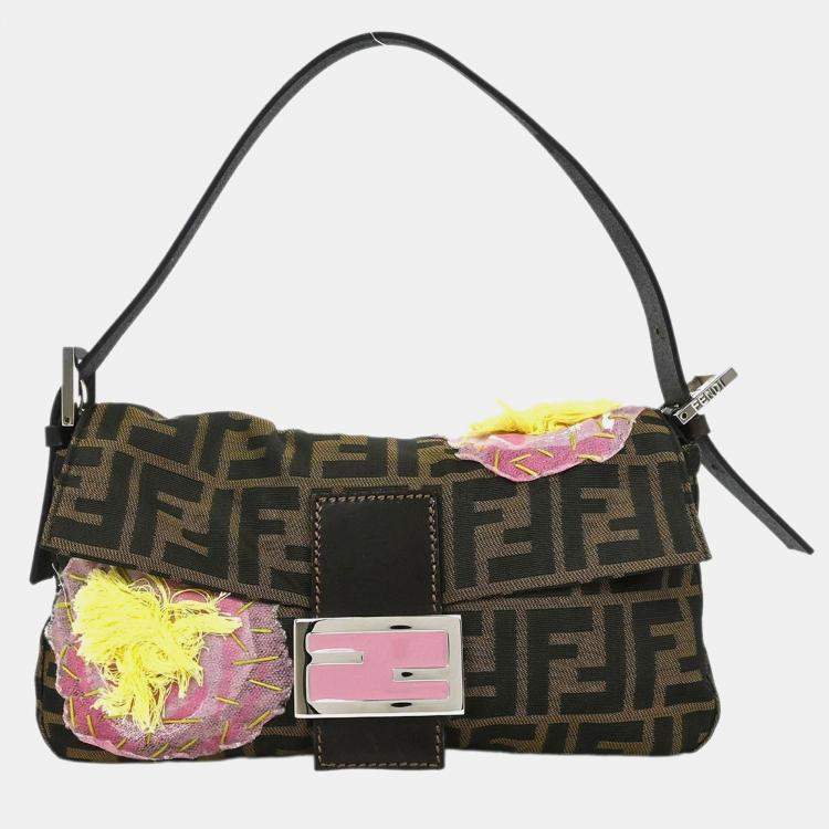 Pre Owned Fendi Brown Zucca Patchwork Baguette Handbag