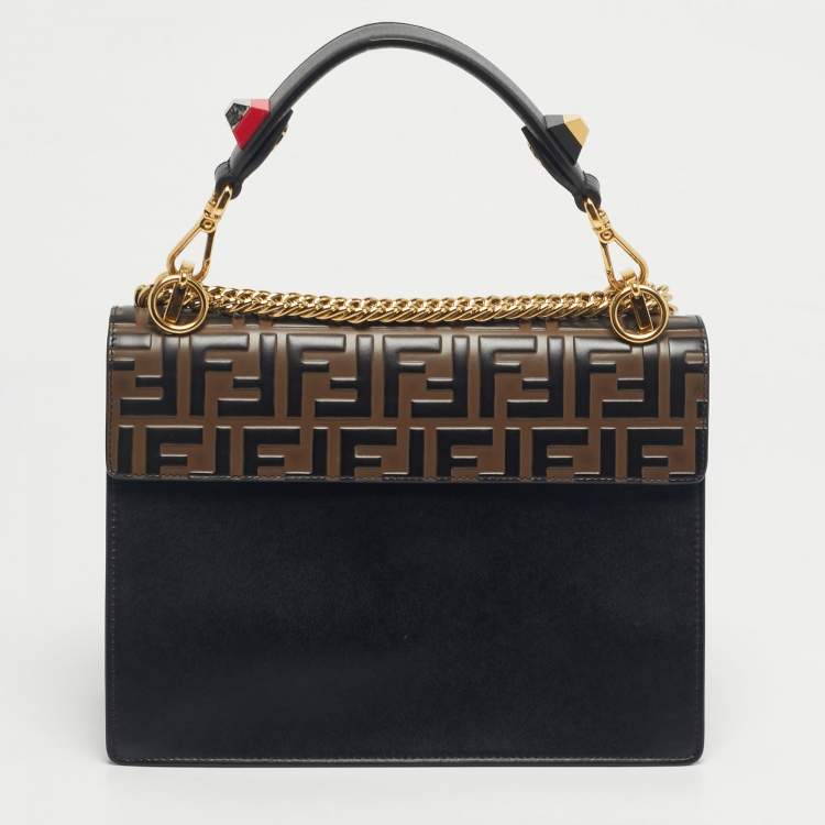 Pre Owned Fendi Black/Brown Zucca Embossed Leather Medium Kan I Shoulder Bag