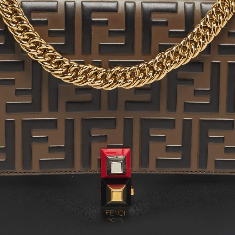 Pre Owned Fendi Black/Brown Zucca Embossed Leather Medium Kan I Shoulder Bag