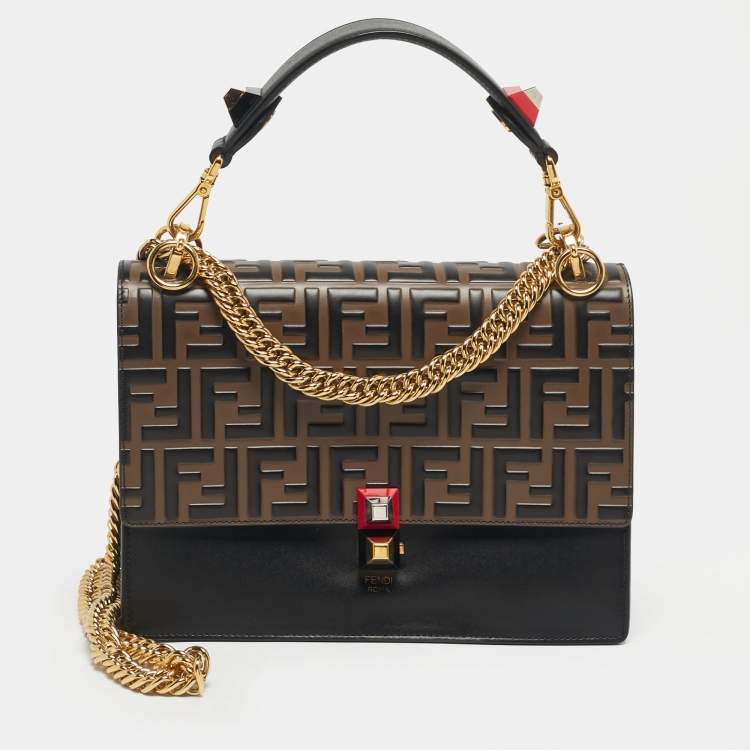 Pre Owned Fendi Black/Brown Zucca Embossed Leather Medium Kan I Shoulder Bag
