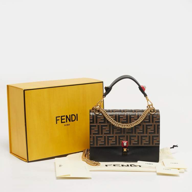 Pre Owned Fendi Black/Brown Zucca Embossed Leather Medium Kan I Shoulder Bag