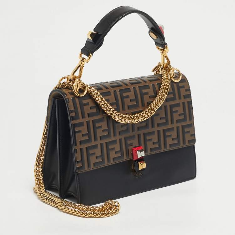 Pre Owned Fendi Black/Brown Zucca Embossed Leather Medium Kan I Shoulder Bag