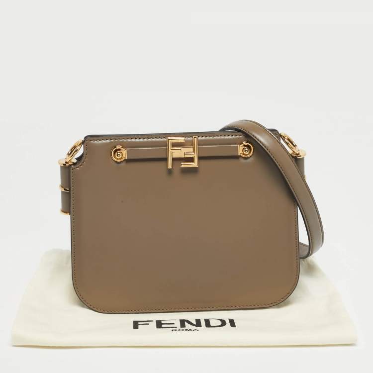 Pre Owned Fendi Dark Beige Leather Touch Shoulder Bag