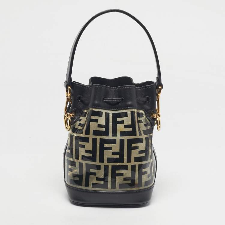 Pre Owned Fendi Black/Clear FF PVC and Leather Mini Mon Tresor Drawstring Bucket Bag