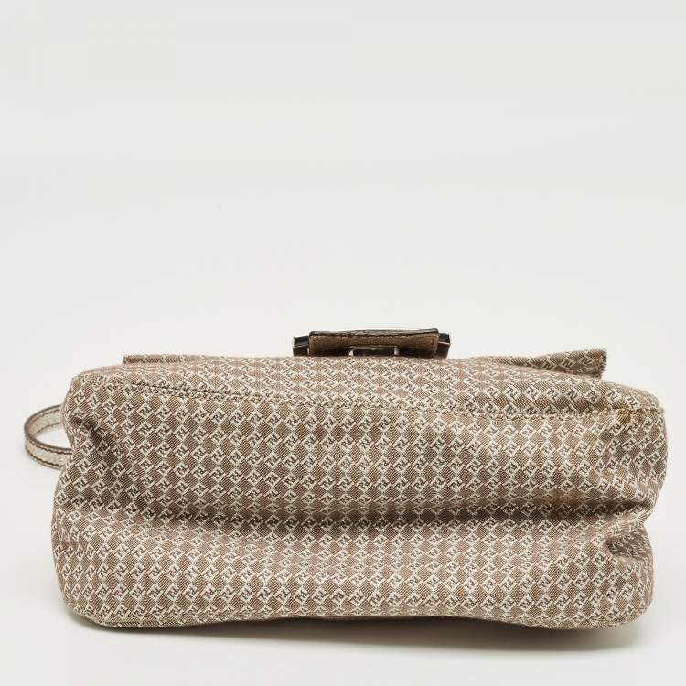 Pre Owned Fendi Beige/Silver Printed Canvas and Leather Mini Mama Baguette Bag