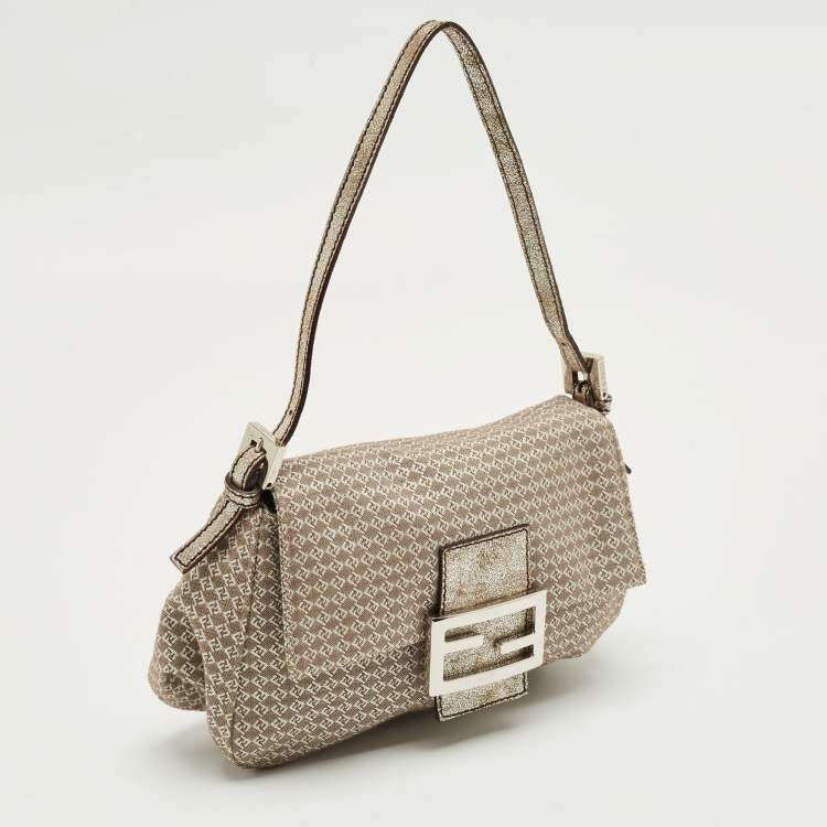 Pre Owned Fendi Beige/Silver Printed Canvas and Leather Mini Mama Baguette Bag