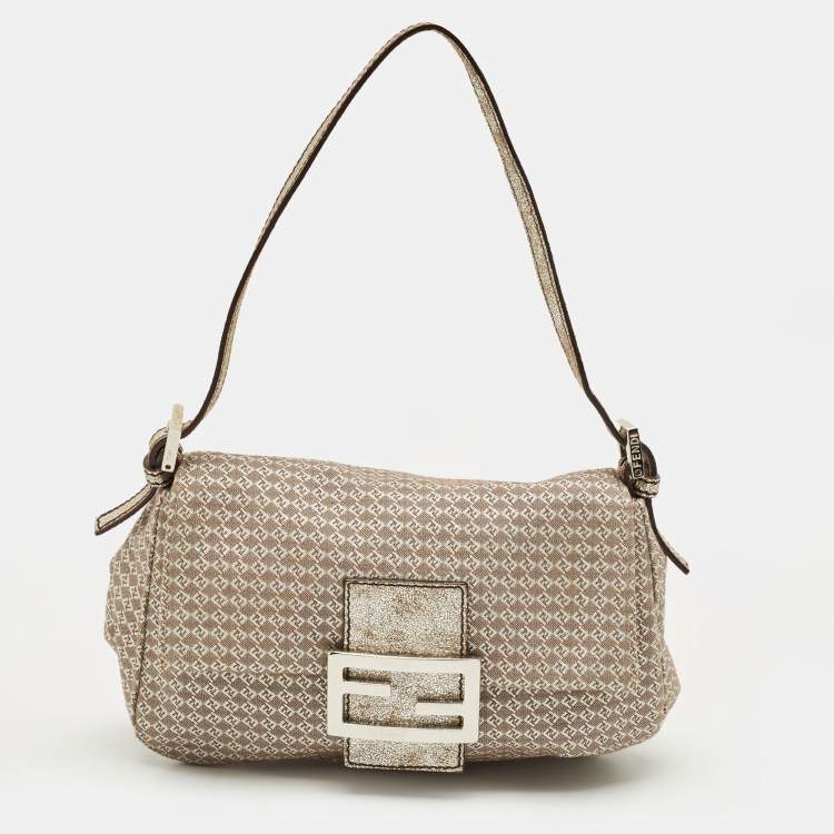 Pre Owned Fendi Beige/Silver Printed Canvas and Leather Mini Mama Baguette Bag
