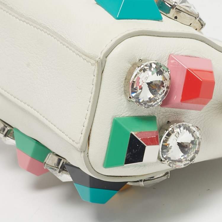 Pre Owned Fendi White Leather Micro Peekaboo Embellished Crossbody Bag