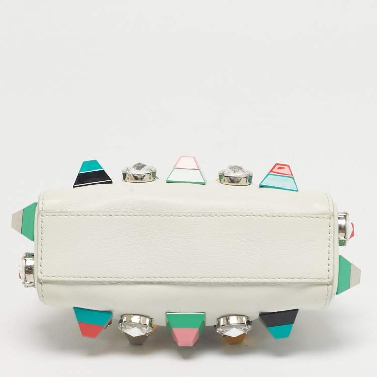 Pre Owned Fendi White Leather Micro Peekaboo Embellished Crossbody Bag