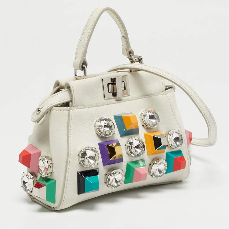 Pre Owned Fendi White Leather Micro Peekaboo Embellished Crossbody Bag