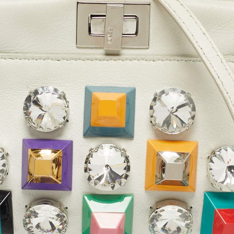 Pre Owned Fendi White Leather Micro Peekaboo Embellished Crossbody Bag