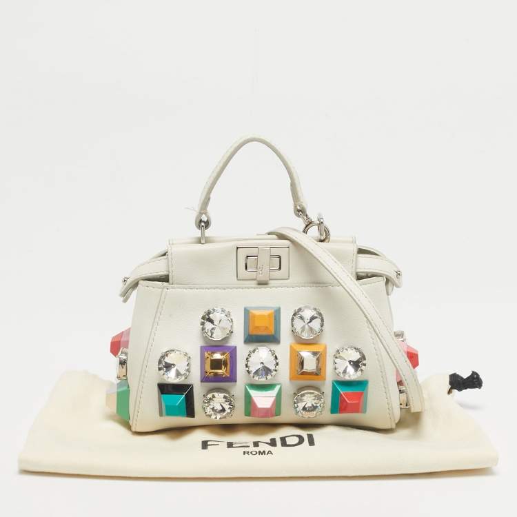 Pre Owned Fendi White Leather Micro Peekaboo Embellished Crossbody Bag